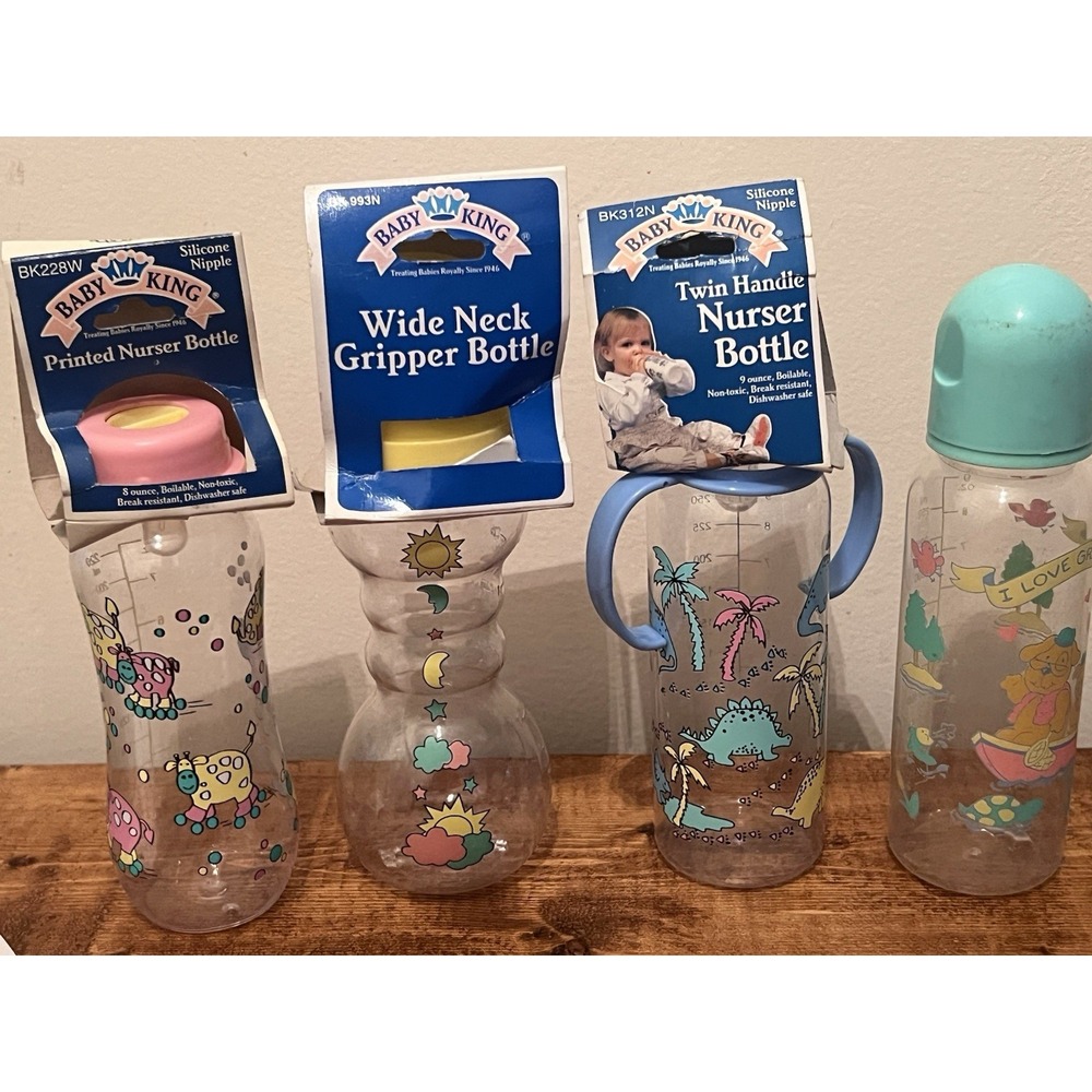 Lot Of 4 Vintage Baby Bottles Baby King Printed 90s Pastel Designs Dinosaurs